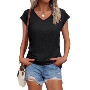 Women’s Casual V-Neck T-Shirt Black Size 2XL